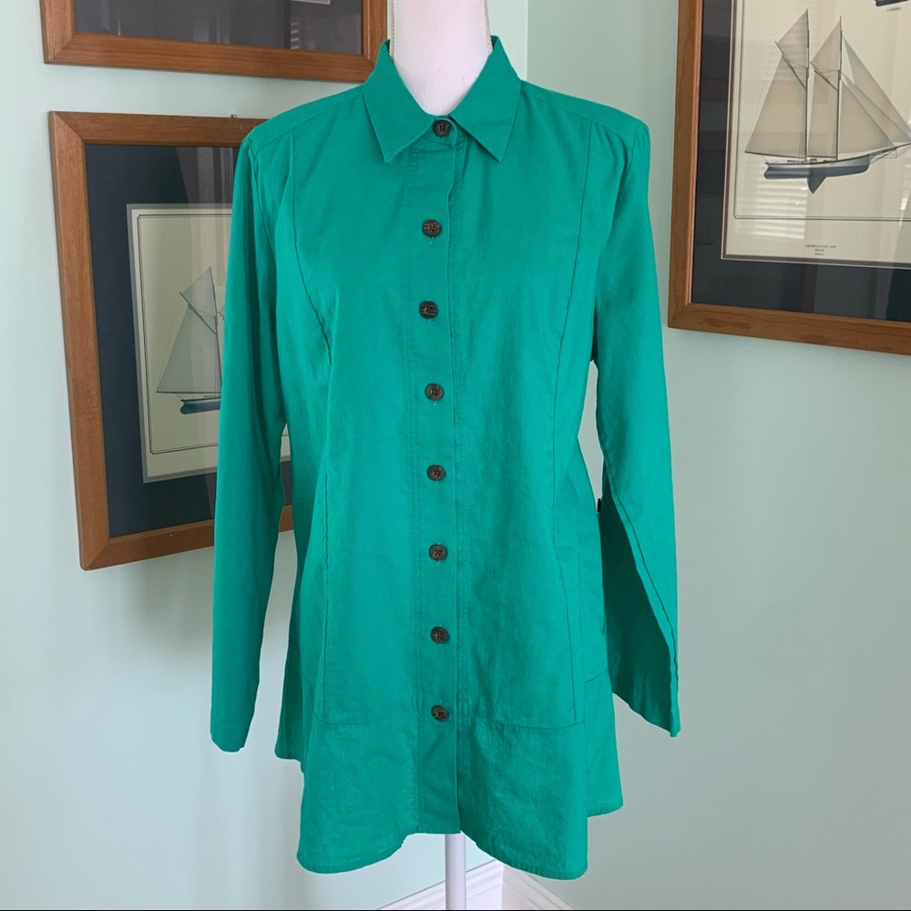 Kim Rogers Petite Teal Green Button Down Linen Shirt Lightweight Shacket  PL